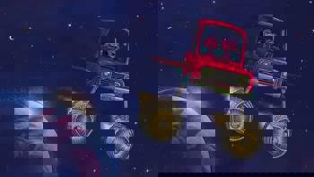 A science fiction drawing depicting a hypnotic car in space as an airplane/ship with two little friends driving it